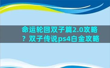 命运轮回双子篇2.0攻略？双子传说ps4白金攻略